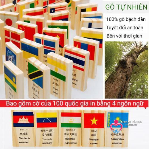 Bộ Domino 100 cờ (quốc kỳ) bằng gỗ 4 thứ tiếng Anh, Hàn, Trung Quốc, Nga