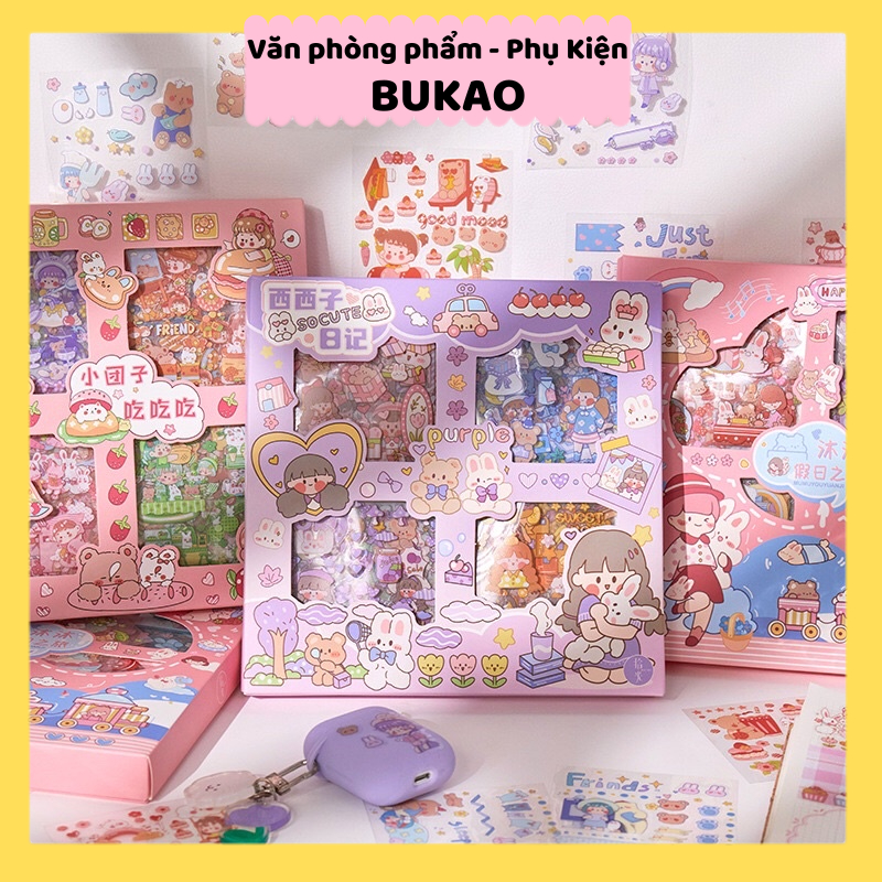 Z0745 Tách set full mẫu Hộp 100 tấm sticker PET cắt sẵn chống nước cute nhiều màu