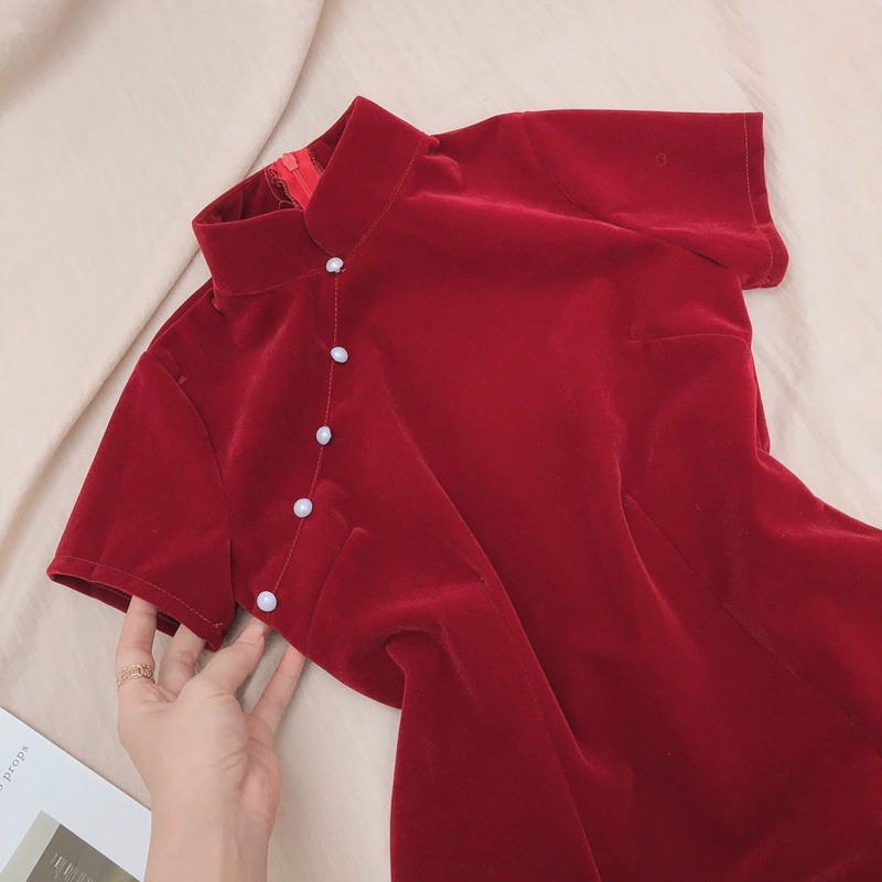 Đầm nữ thiết kế đầm nữ nhung đỏ sườn xám mặc diện tết dự tiệc dạo phố cực xinh | BigBuy360 - bigbuy360.vn