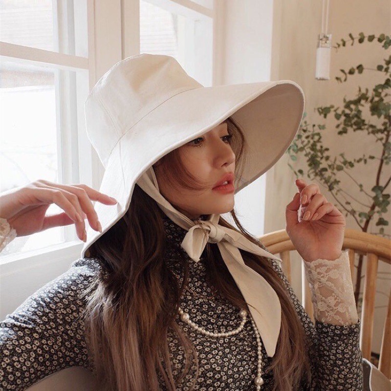 Mũ vải vành rộng buộc nơ cao cấp