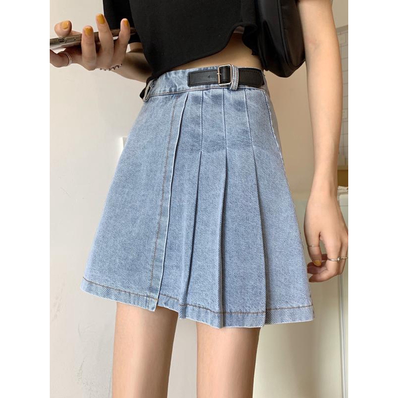 In stock Chân Váy Denim Chữ A Lưng Cao Thiết Kế Xếp Ly Xinh Xắn | BigBuy360 - bigbuy360.vn