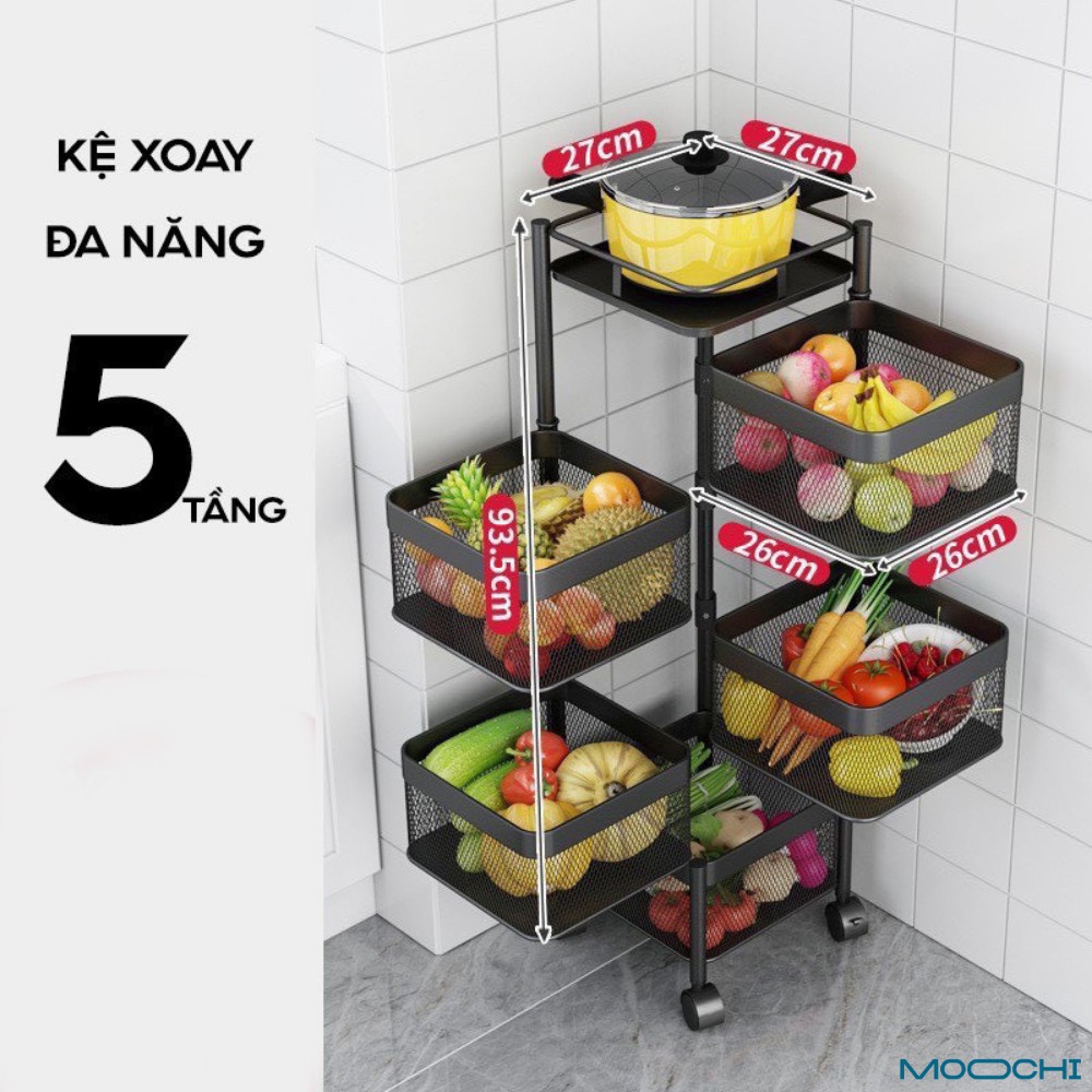 HOT Kệ Vuông Xoay Đa Năng, Kệ Rau Củ Qủa 5 Tầng Có Bánh Xe Di Chuyển, Tiết Kiệm Không Gian