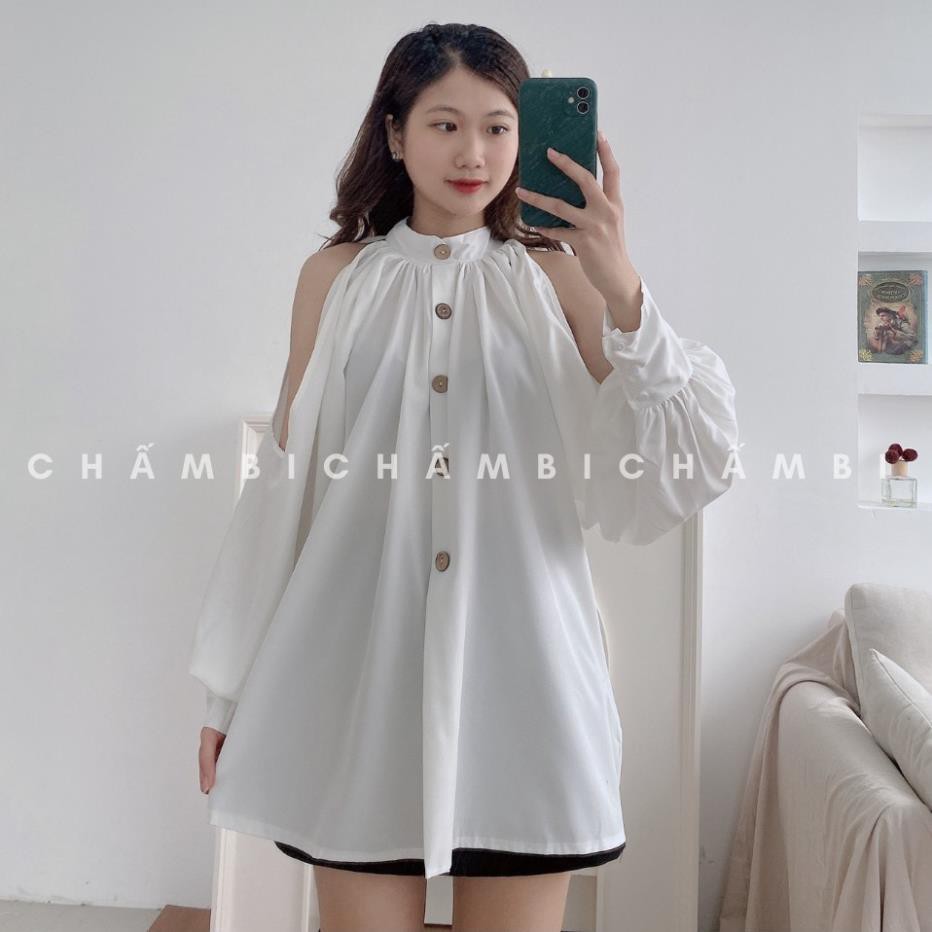 Áo váy Hàn Quốc A.205, áo váy kiểu khoét vai hàng cúc gỗ cách điệu cực xinh
