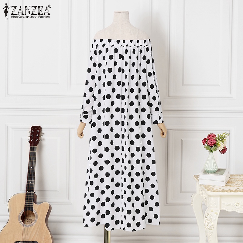 Đầm maxi Zanzea dài tay trễ vai họa tiết chấm bi thời trang thích hợp cho nữ