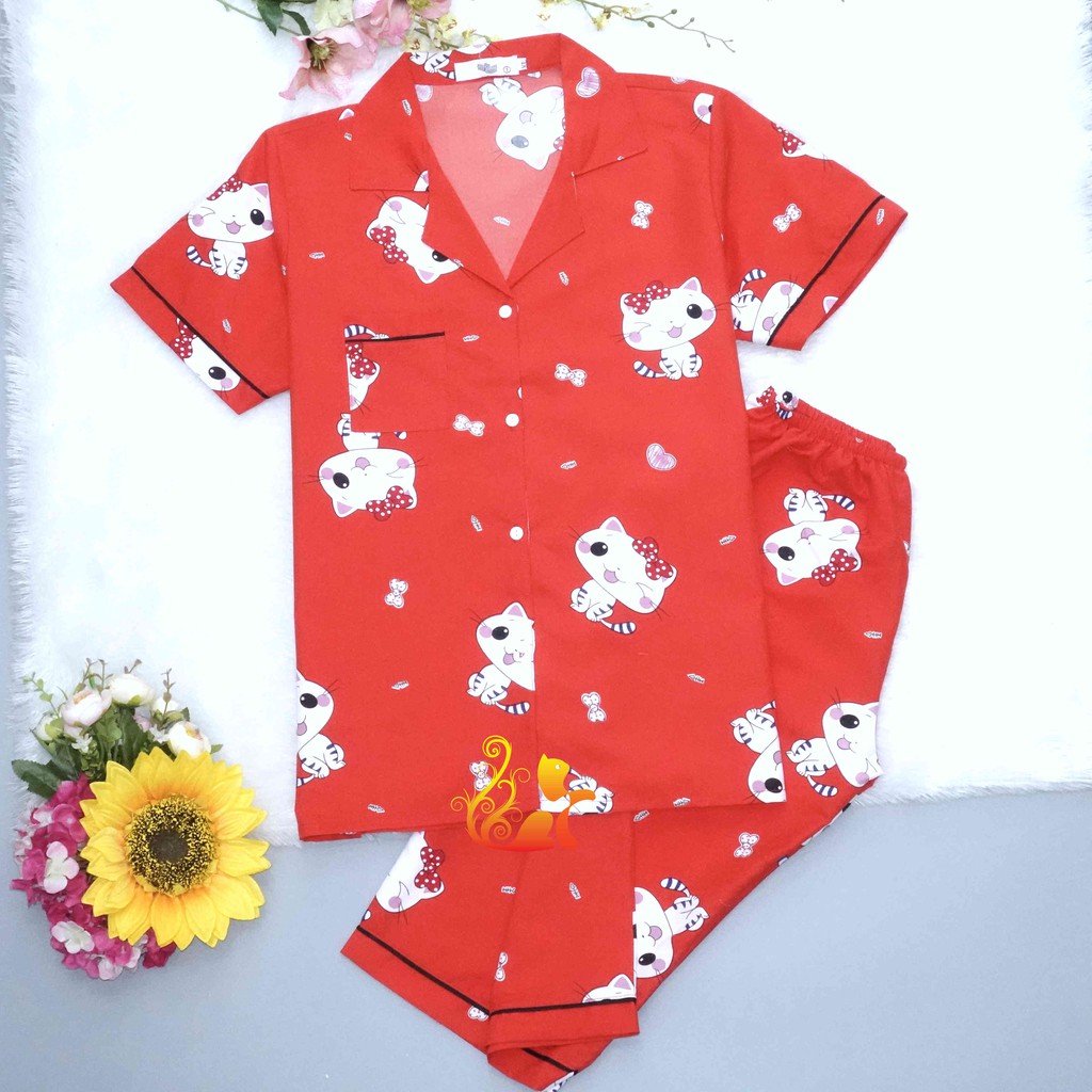 Đồ Bộ Mặc Nhà "Mèo nháy mắt" Pijama Quần Lửng Kate Thái - Dưới 68kg.