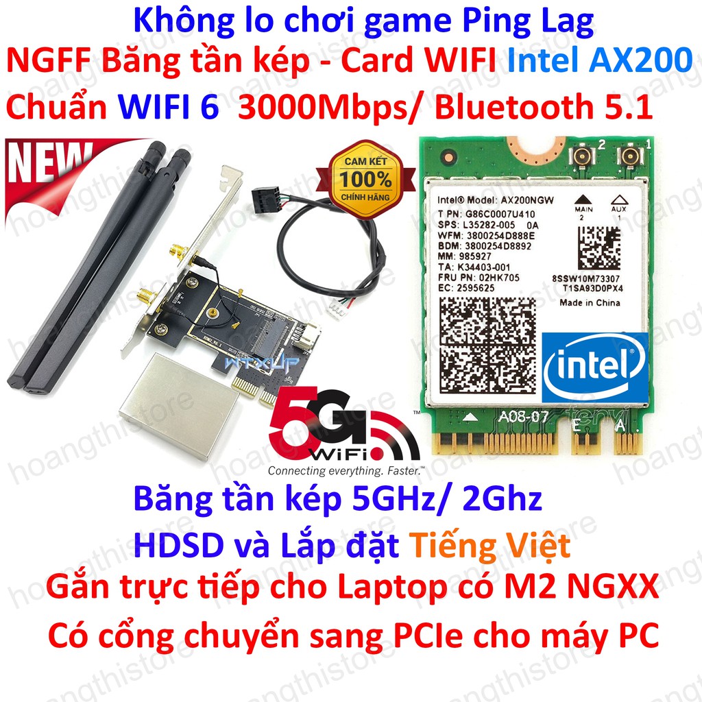 Card wifi 6 intel AX200 5Ghz băng tần kép Bluetooth 5.1 Wifi6 AX200NGW 2Ghz 5Ghz laptop pc M2 ngff PCIe Chính hãng Intel