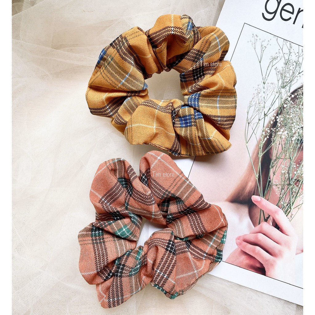 {Ảnh thật} CỘT TÓC VẢI SCRUNCHIES CARO 2 MÀU PHỐI CÚC KHUYẾT THỜI TRANG NỮ XINH