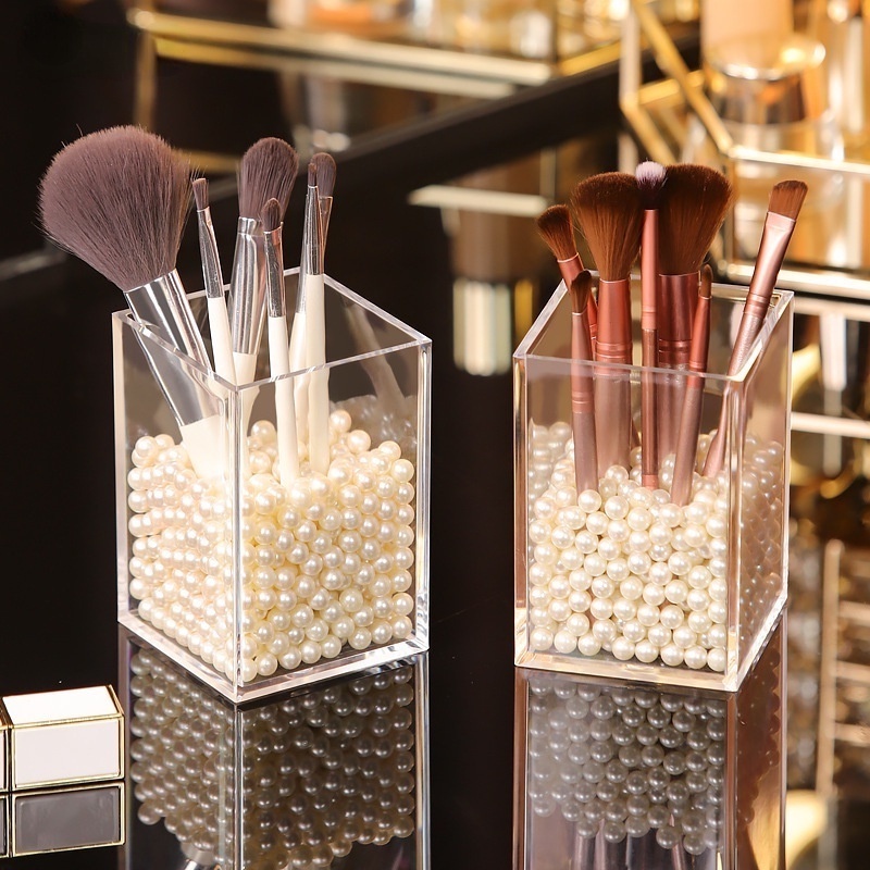 Hộp Đựng Bút/Cọ Trang Điểm/Mỹ Phẩm Bằng Acrylic Trong Suốt Để Bàn Phong Cách INS