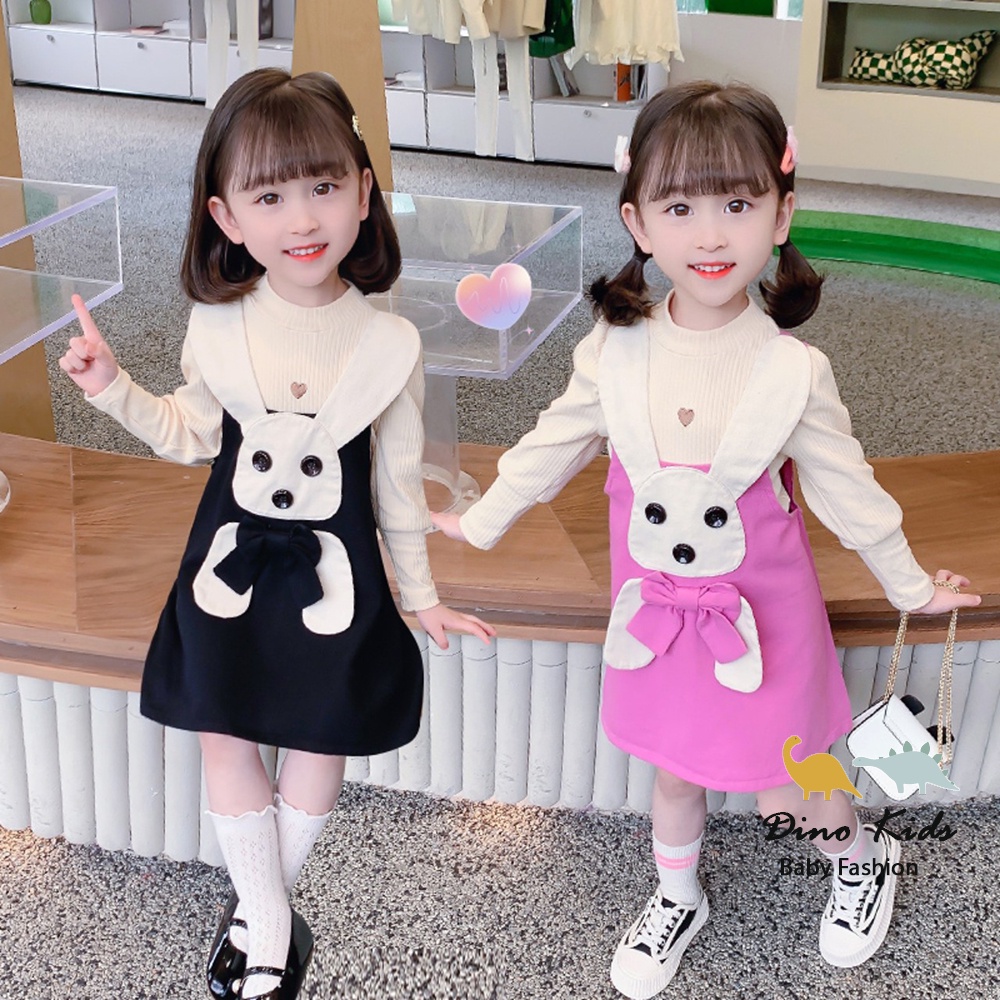 Váy thu đông cho bé gái, váy yếm kaki thêu đắp thỏ kèm áo len tăm mềm mại dễ thương cho bé