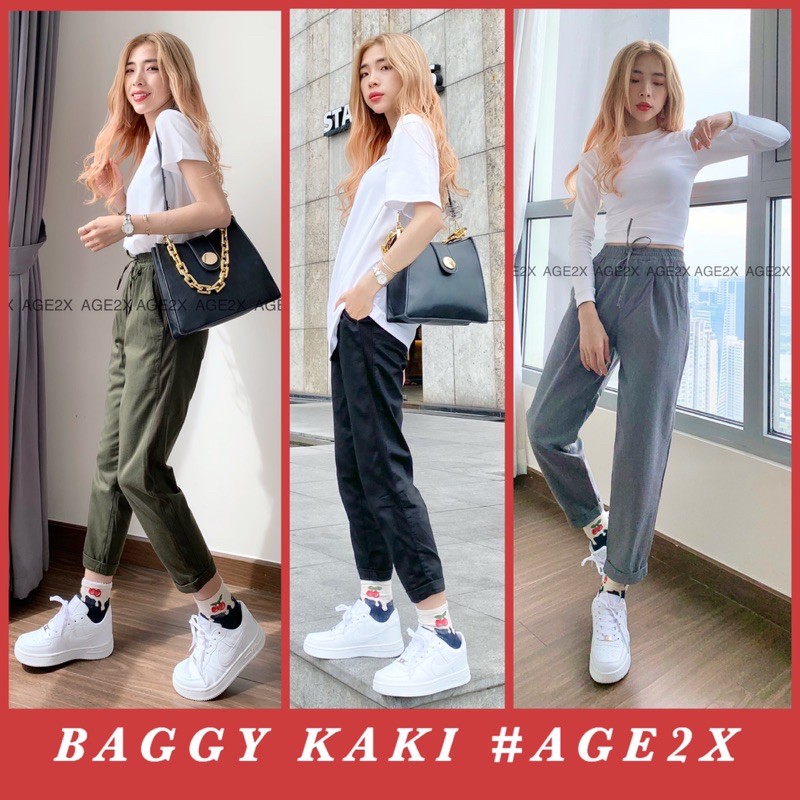 Quần baggy nữ AGE2X chất kaki phối thun gân co giãn thoải mái hàng vnxk