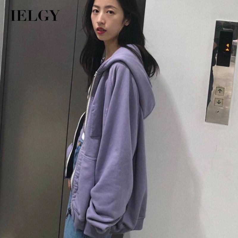 Áo khoác hoodie IELGY dáng rộng có mũ trùm màu tím taro phong cách cổ điển cho nữ