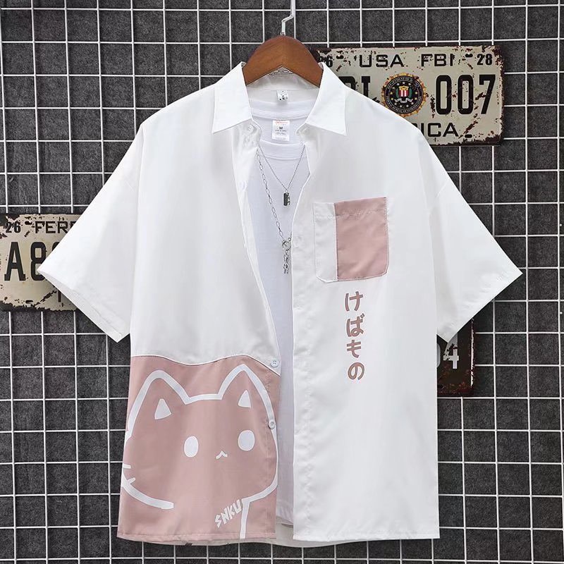 Thời Gian Thật Áo Sơ Mi Tay Ngắn Dáng Rộng In Hoạt Hình Vui Nhộn Phong Cách Hàn Quốc Thời Trang Thường Ngày Cho Nam