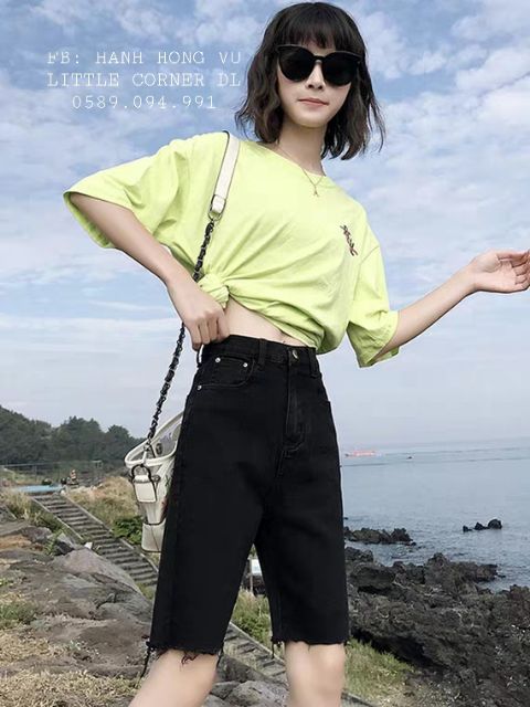 Quần jeans lửng ngố đen trơn basic cạp cao co dãn nhẹ form ulzzang kèm ảnh thật