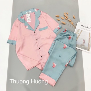 Pyjama Lụa Áo Cộc Quần Dài Hoạ Tiết Dễ Thươngo