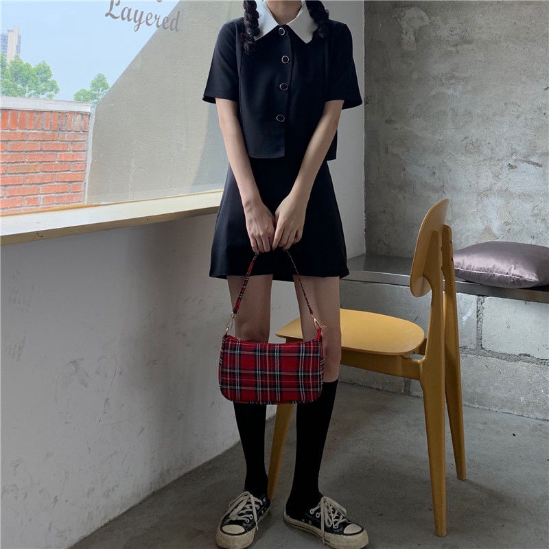 Bộ áo sơ mi lửng tay ngắn + chân váy lưng cao thời trang mùa hè cho nữ | BigBuy360 - bigbuy360.vn