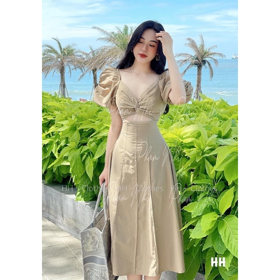 Váy thô midi khoét eo tay bồng