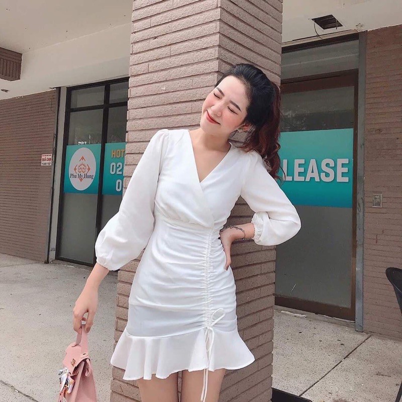 Đầm trắng đuôi cá dây rút tay dài siêu xinh | BigBuy360 - bigbuy360.vn