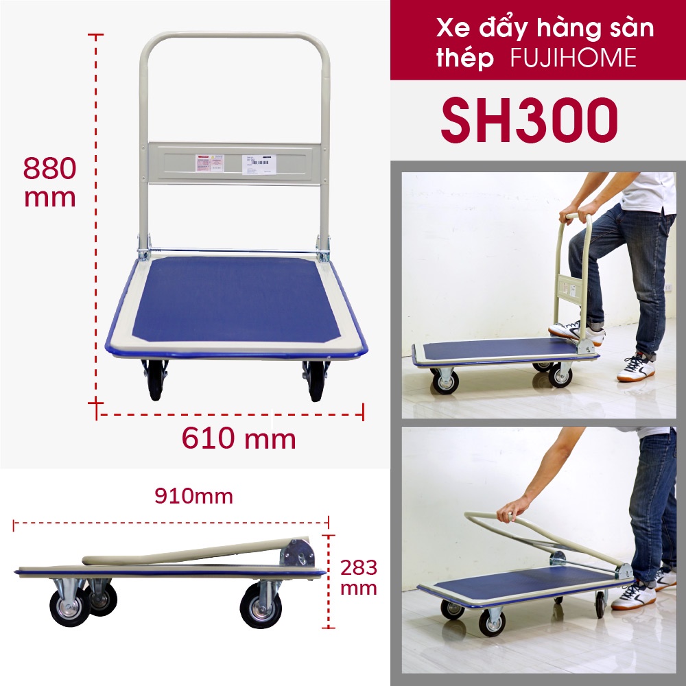 Xe đẩy hàng 4 bánh gấp gọn 300kg Nhập Khẩu FUJIHOME Nhật Bản, xe kéo hàng xếp gọn bánh cao su platform hand truck