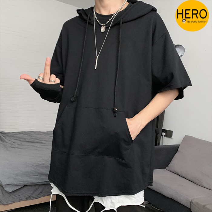 Áo Thun Hoodie Tay Ngắn Có Mũ Form Rộng Outfit Unisex Phong Cách Năng Năng Động Cotton AP07 MrHero