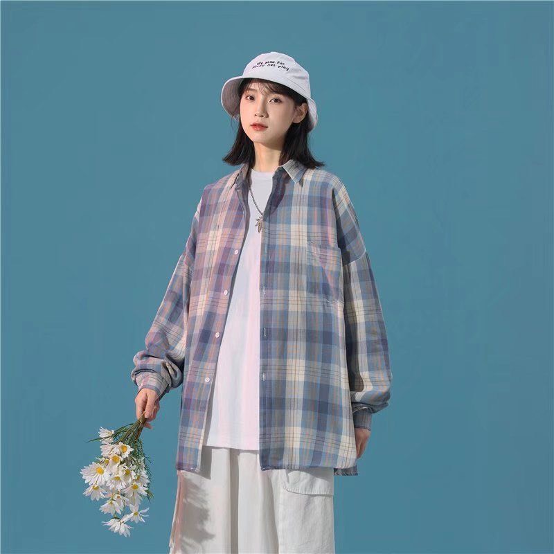 Áo sơ mi nữ đẹp form rộng unisex kẻ sọc caro tay dài hàng Quảng Châu ANDOSA SM08