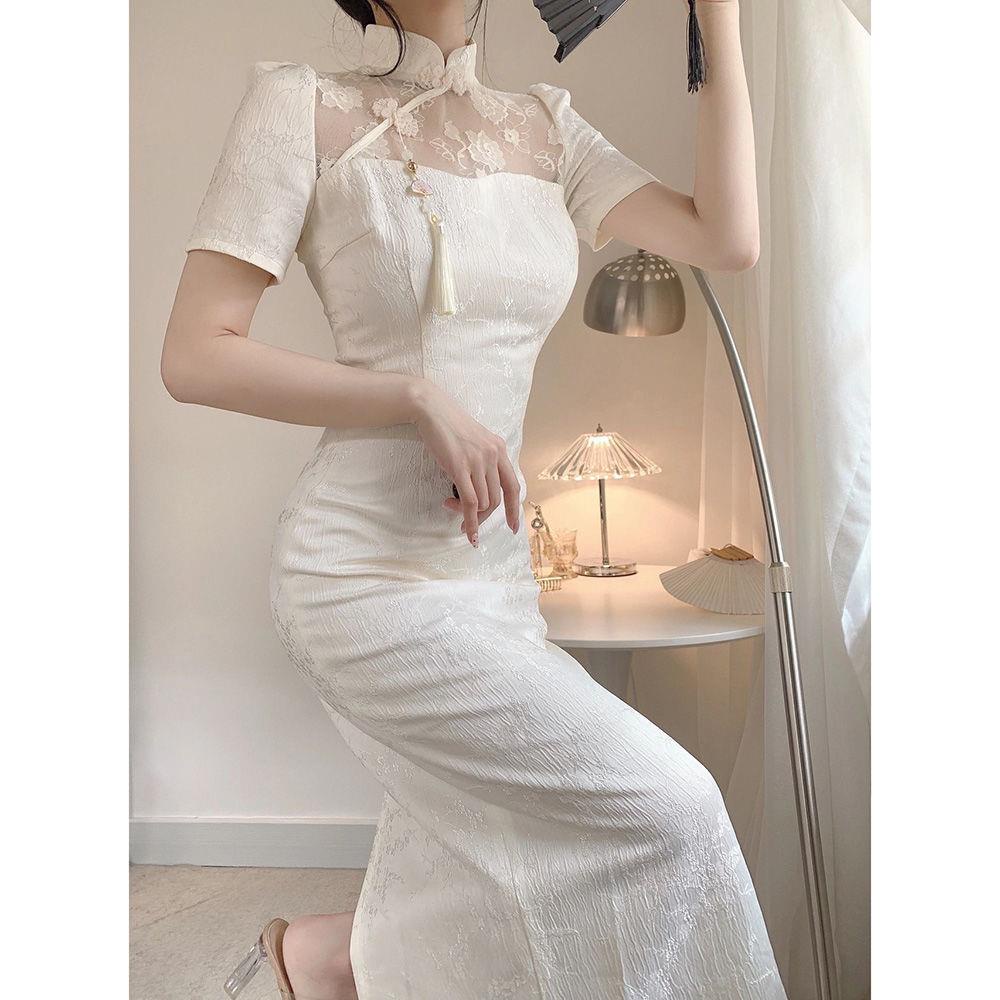 Sườn Xám Cách Tân Phối Ren Hoa Hồng Lưng Cao Phong Cách Cổ Điển Cho Nữ