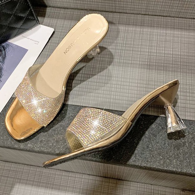 (Bảo hành 12 tháng) Dép cao gót nữ quai đính đá gót hoa mai trong suốt - Dép gót cao 6cm 2 màu Vàng , Bạc - Linus LN134