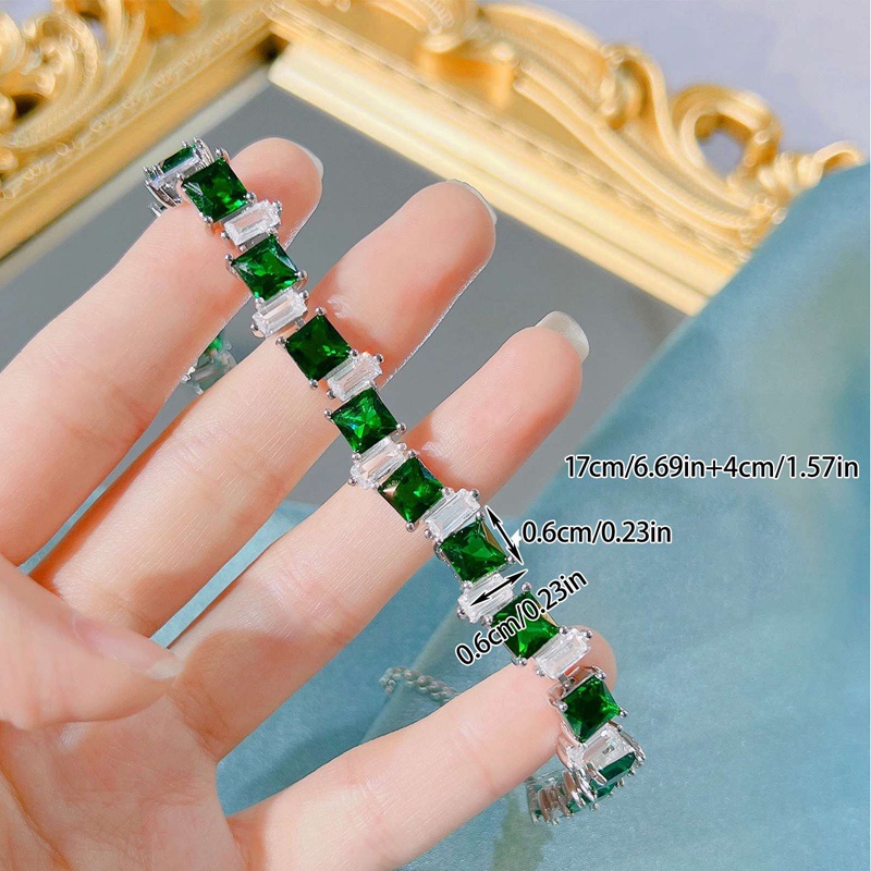 Fancy Mới Vòng Tay Đính Đá Zircon Hình Vuông Màu Xanh Ngọc Lục Bảo Nhân Tạo Có Thể Điều Chỉnh Thiế