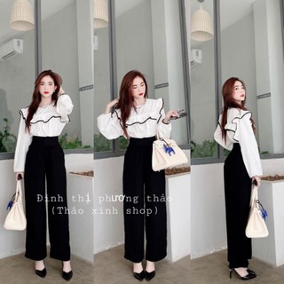 Sét bộ áo sơ mi viền bèo kèm quần ống rộng hàng bán shop kèm ảnh thật