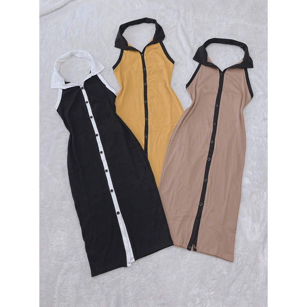 FREESHIP Đầm body phối hàng nút trước xinh xắn sang chảnh cho bạn gái cổ yếm bẻ polo thời trang free size