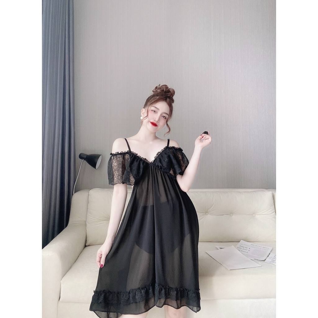 Váy Ngủ Sexy Nữ, Đầm Ngủ Chiffon Bẹt Vai Kèm Quần Dưới 70Kg