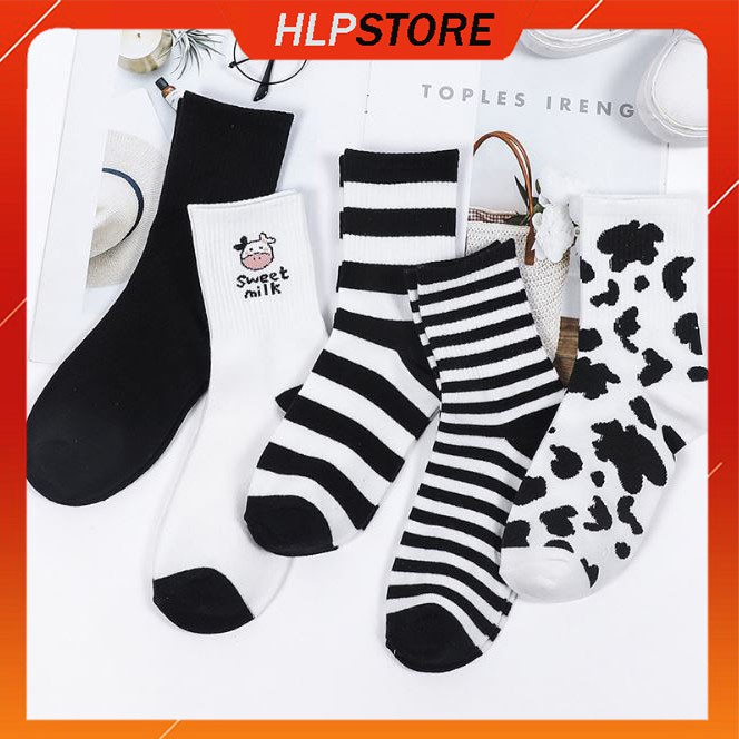 Tất vớ nam nữ cổ cao vintage hàn quốc unisex họa tiết bò sữa