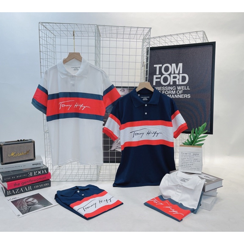 Áo unisex polo/cổ bẻ Tommy xuất xịn, thun cotton cá sấu lạnh rũ, áo chữ viền màu thời trang nam nữ (trắng, xanh đen)