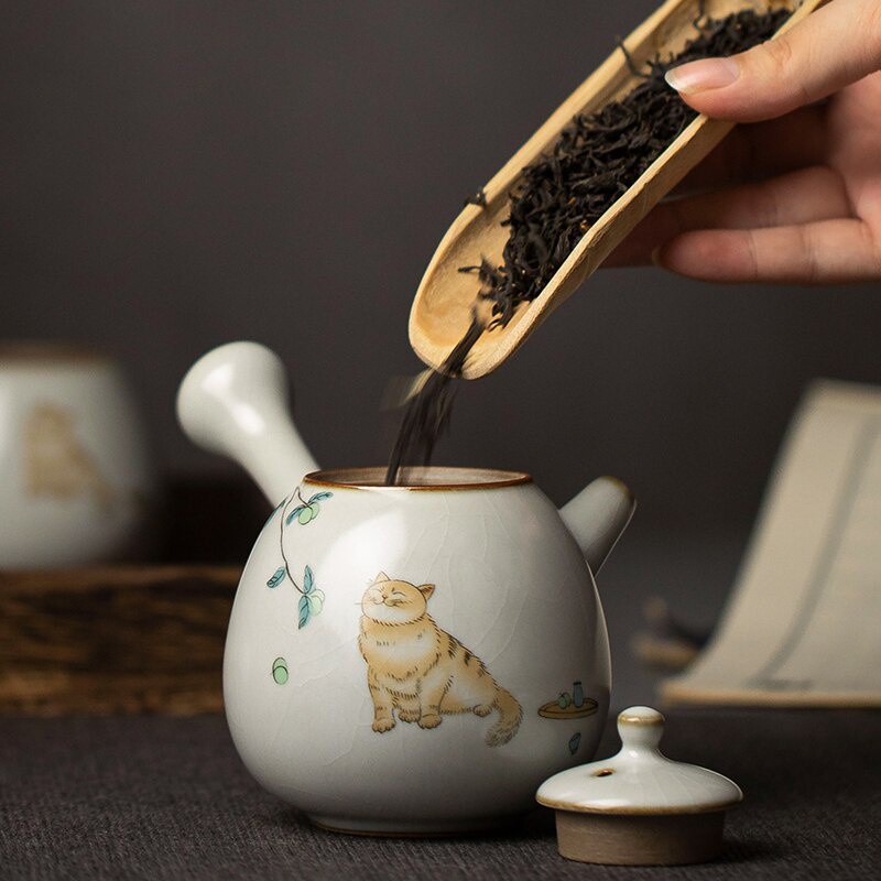 Trăng Trắng Lò Lớn Ấm Trà Men Mèo Dễ Thương Có Thể Mở Gốm Sản Xuất Trà Kung Fu Duy Nhất250ml