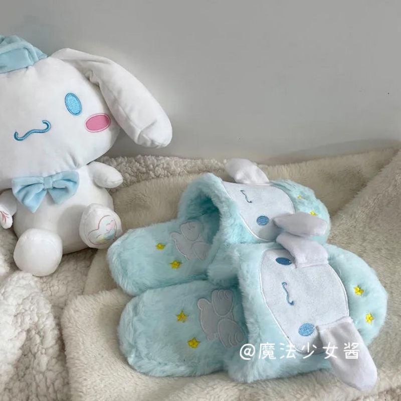 (sẵn cinnamoroll ) Dép bông đi trong nhà đính nơ nhân vật Hello Kitty Cinnamoroll Pumpumporin Melody