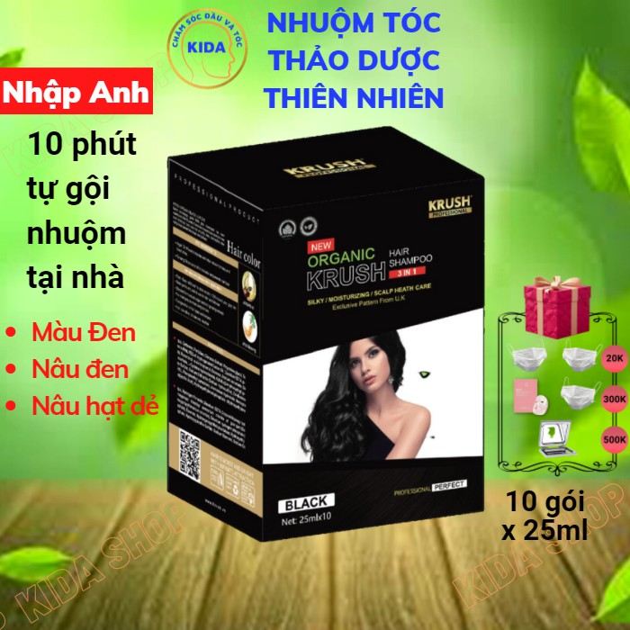 Thuốc nhuộm tóc tại nhà dạng Dầu gội thảo dược thiên nhiên KRUSH Hộp 10 gói an toàn tại nhà không mùi hôi - Nhập Anh