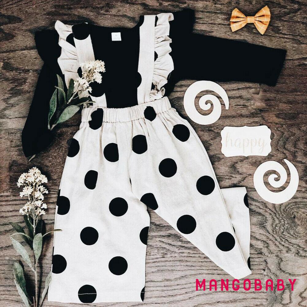 MG-Infant Toddler Baby Girl Outfits Long Sleeve T-Shirt Tops + Ruffle Polka Dots Suspenders Pants 2Pcs Set