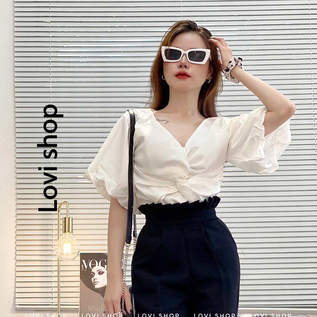 Áo xoắn ngực cổ chéo tay phồng nữ cổ v sang chảnh nữ tính Lovi