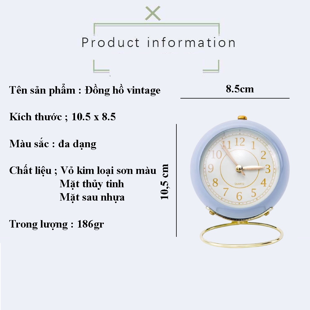 Đồng Hồ Báo Thức Để Bàn Kiểu Dáng Vintage Dễ Thương Chất Liệu Kim Loại