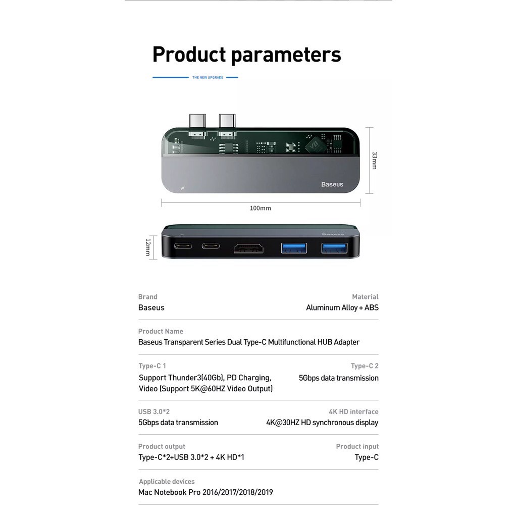 Hub đa năng Baseus Transparent Series 5 in 1 Multifunctional dùng cho Macbook/iPad Pro (Single C to C*2+USB3.0*2+HDMI)