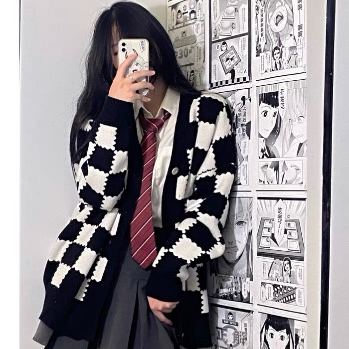 Áo cardigan Forgirl họa tiết ô vuông trơn phối viền