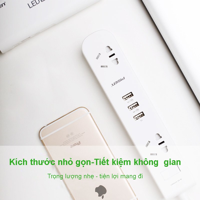 Ổ cắm điện Pisen KY-23(EP) kèm 3 chân sạc USB - Ổ cắm điện thông minh, đa năng, Bảo hành 24 tháng Chính Hãng