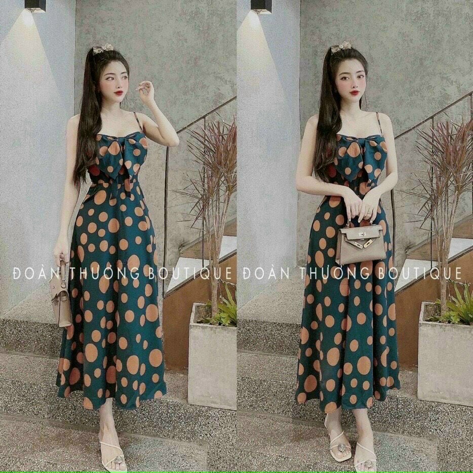 Đầm Lụa 2 Dây Dáng Dài Maxi, Đầm Xòe Dự Tiệc Chấm Bi Sang Chảnh Có Mút Ngực Kèm Túi Siêu Xinh Thời Trang Nữ Minh Phúc