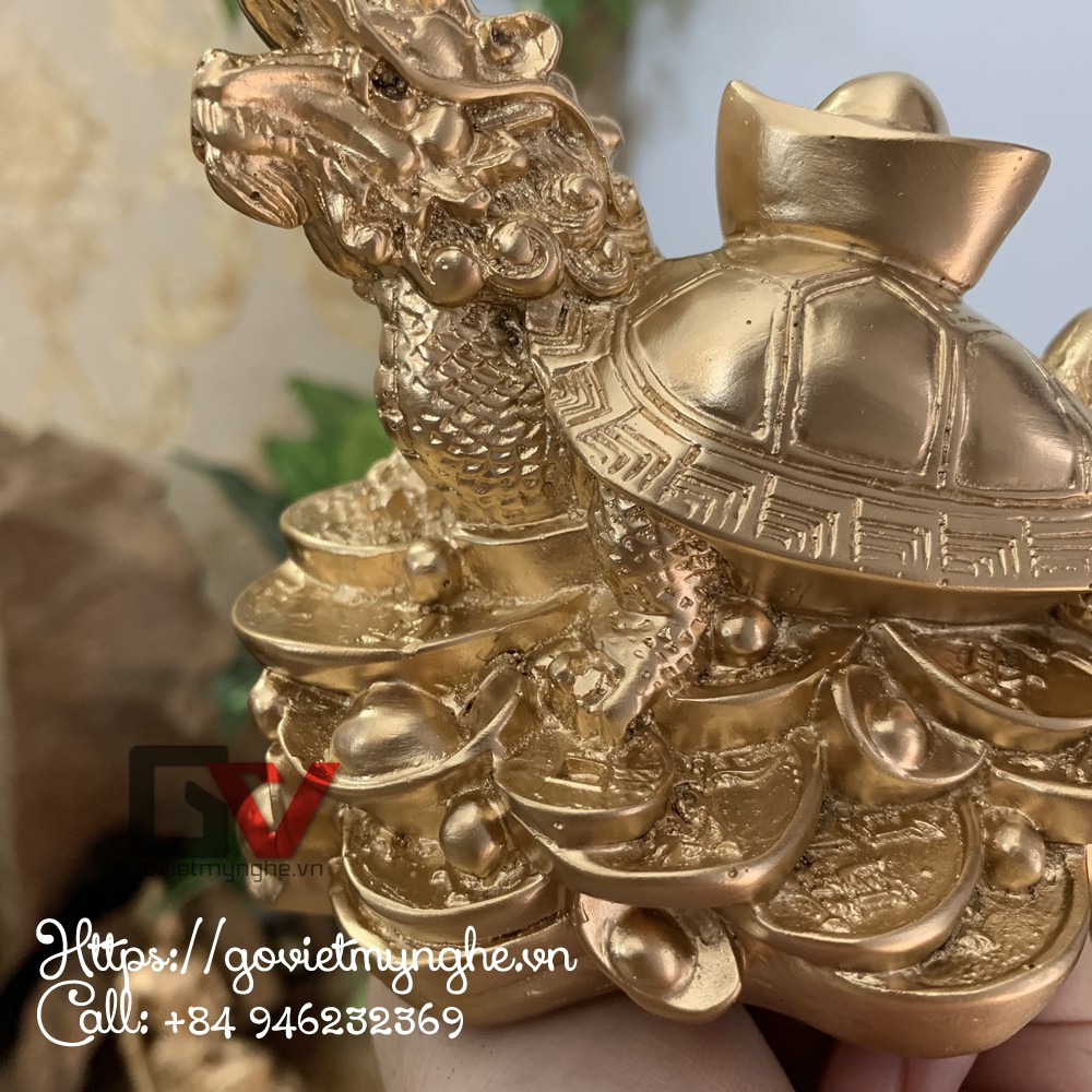 Tượng đá trang trí phong thủy long quy - Rùa đầu rồng cõng thỏi vàng - Chiều Cao 10cm - Màu nhũ đồng