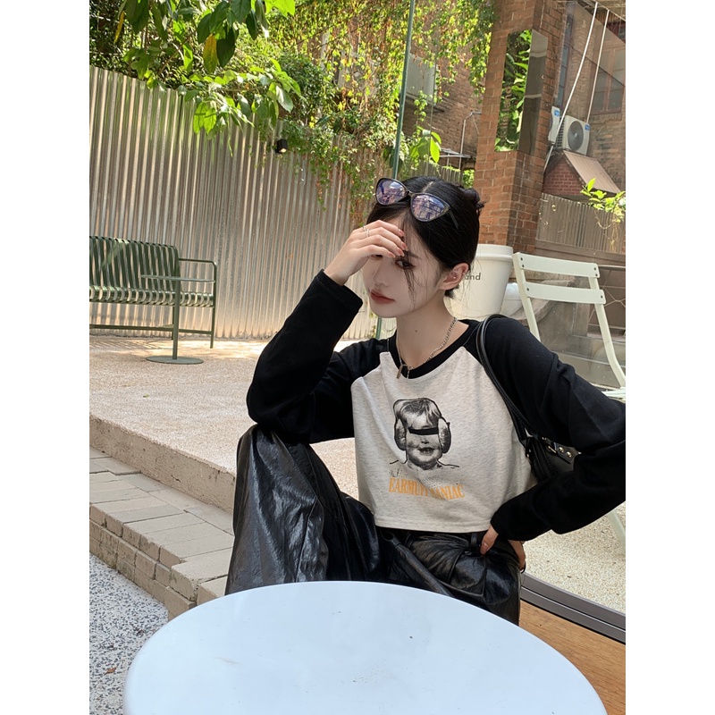 Áo thun dáng lửng tay dài phong cách retro cổ điển dành cho nữ