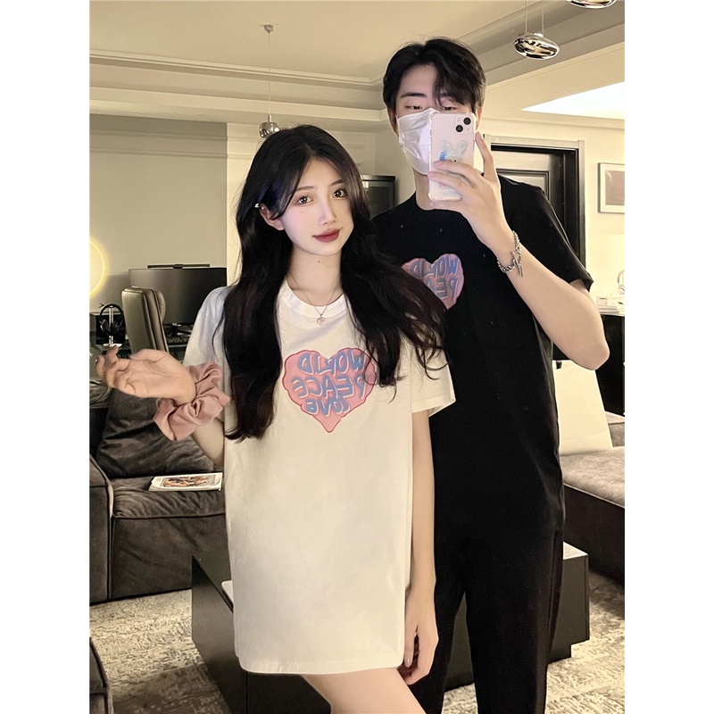 Áo Thun Đen Tay Ngắn Dáng Rộng In Họa Tiết Trái Tim Phong Cách Hàn Quốc Thời Trang Cho Nữ