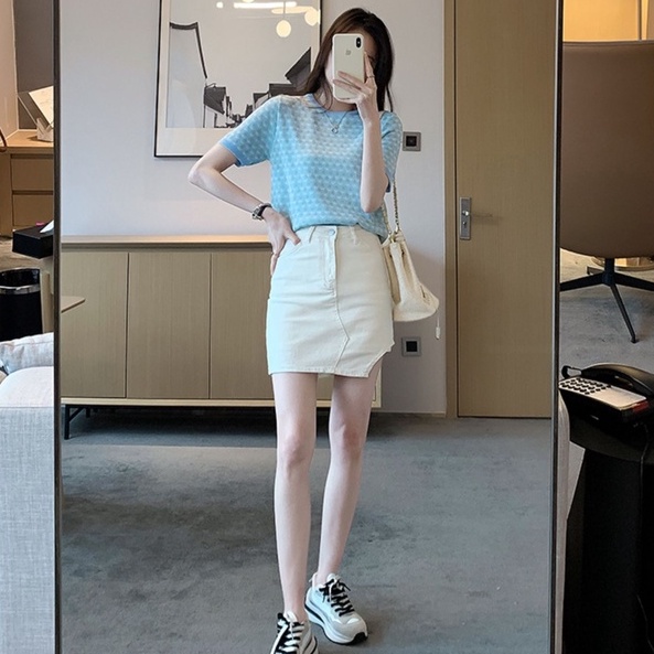 [Hana And Alice] Áo Thun Dệt Kim Ngắn Tay Dáng Rộng In Họa Tiết / Dễ Phối Đồ