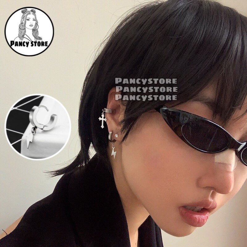bông tai khuyên tai nam nữ titan tia chớp Unisex
