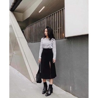 [Hình thật] Chân váy midi xẻ tà màu đen
