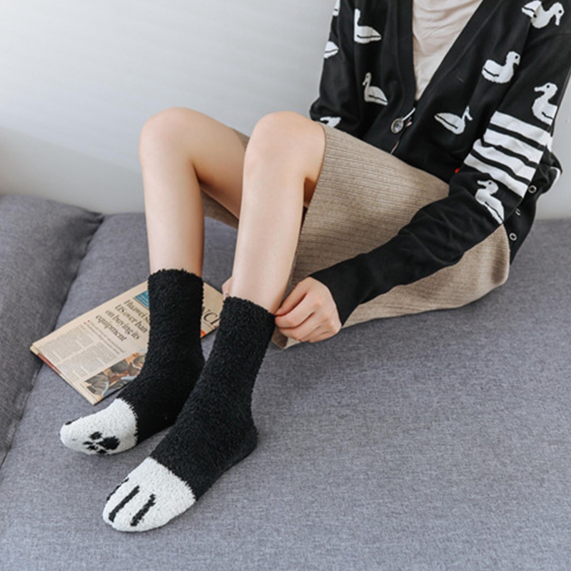 Vớ Bông Dày Mềm Mại Giữ Ấm Mùa Đông In Họa Tiết Chân Mèo Dễ Thương Cho Nữ