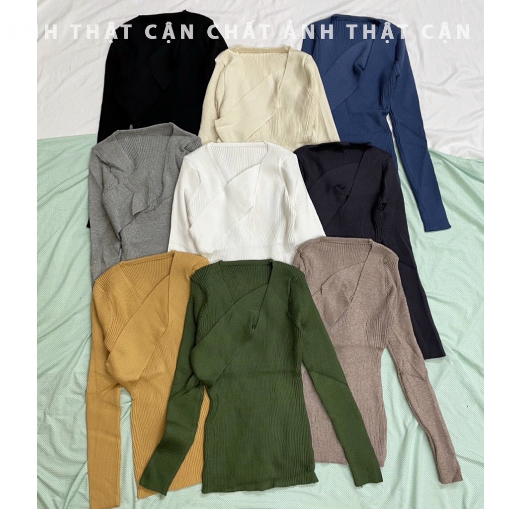 Áo len tăm dài tay cổ phối viền chéo cách điệu Ulzzang (hàng QC) - Ảnh thật